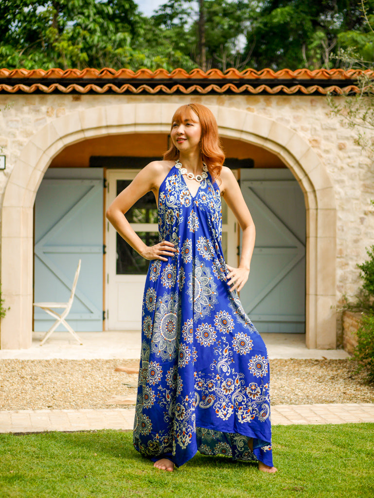 Royal Blue Floral Paisley Mandala Maxi Dress