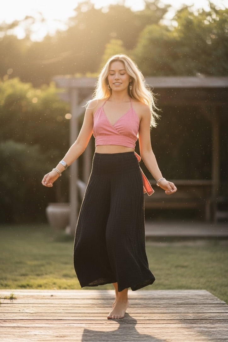 Dusty Rose Halter Wrap Crop Top – Boho Festival Style Top