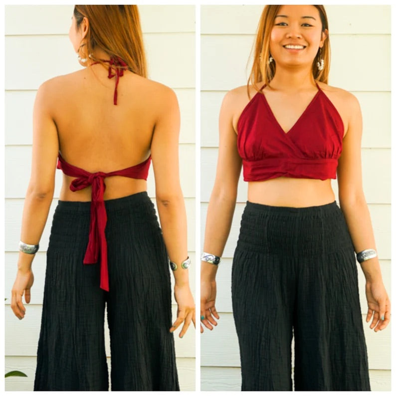 Burgundy Halter Wrap Crop Top – Boho Festival Style Top