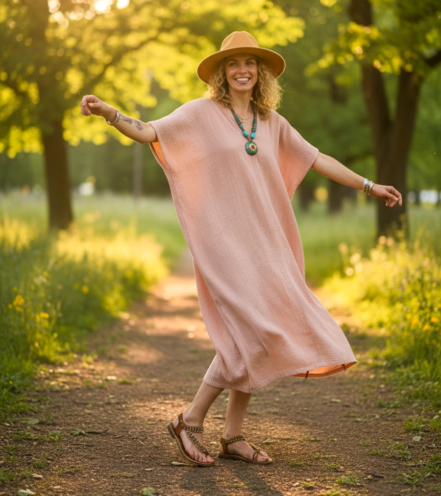 Blush Ease Kaftan Dress | Minimalist Organic Cotton Double Gauze Dress