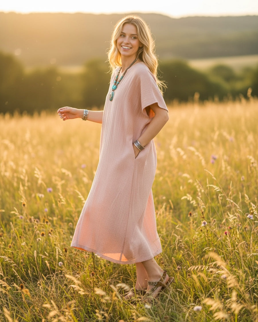 Blush Ease Kaftan Dress | Minimalist Organic Cotton Double Gauze Dress