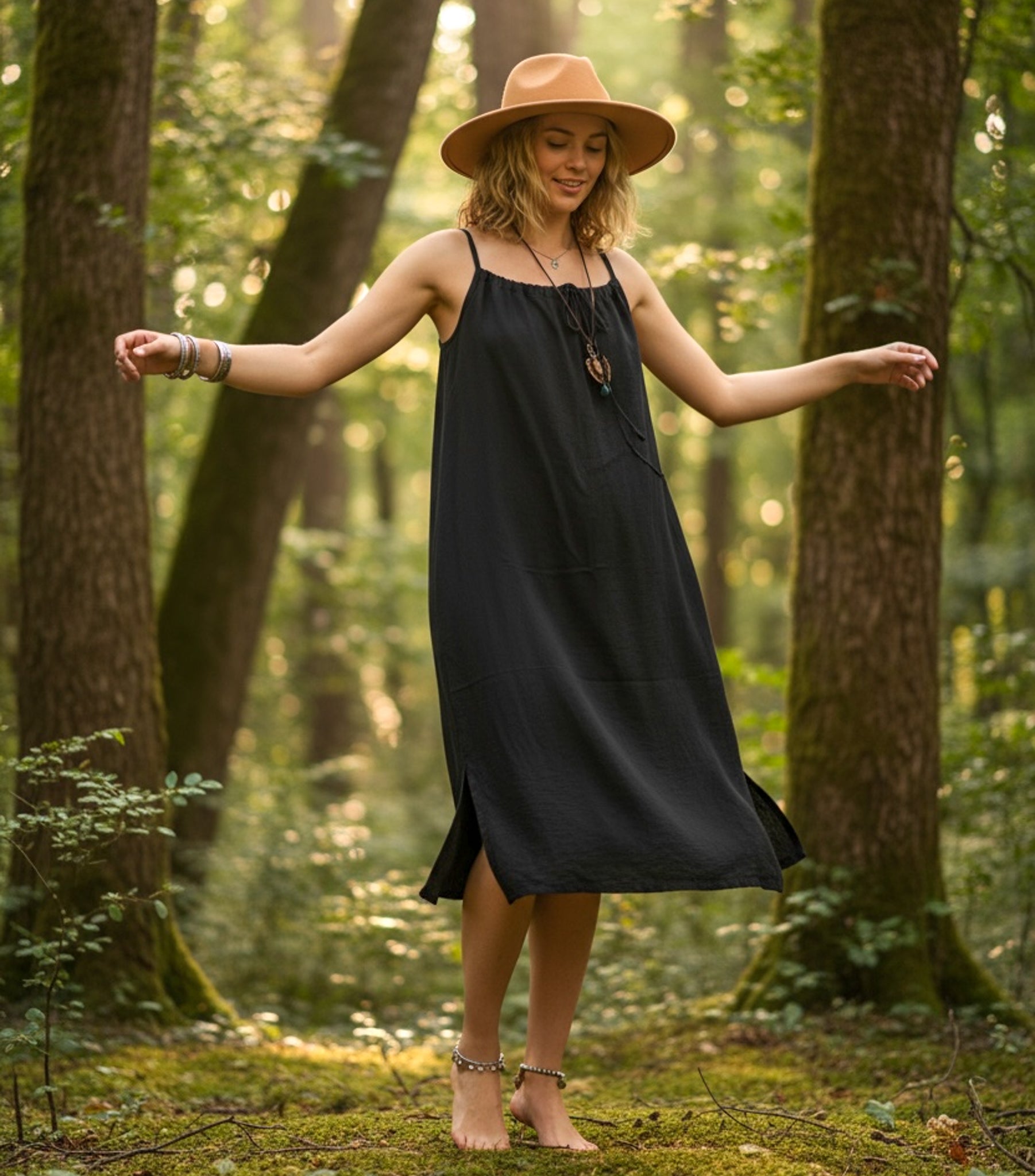 Black Organic Double Gauze Midi Dress