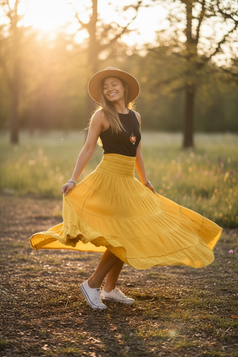 Golden Sun Mustard Yellow Raw Crinkled Organic Cotton Gauze Tiered Maxi Skirt