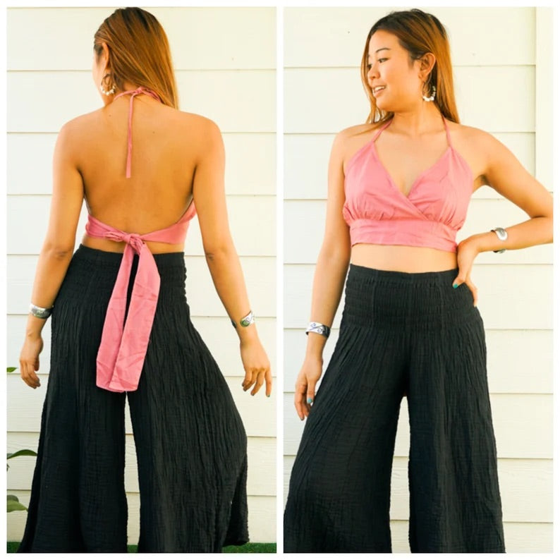 Dusty Rose Halter Wrap Crop Top – Boho Festival Style Top