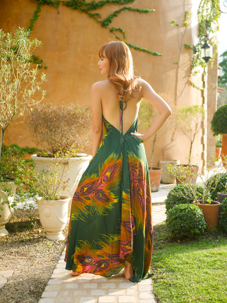 Green Peacock Feather Maxi Dress