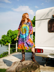 Radiant Sunburst Boho Hippie Oversized Cotton Tunic Shirt Dress