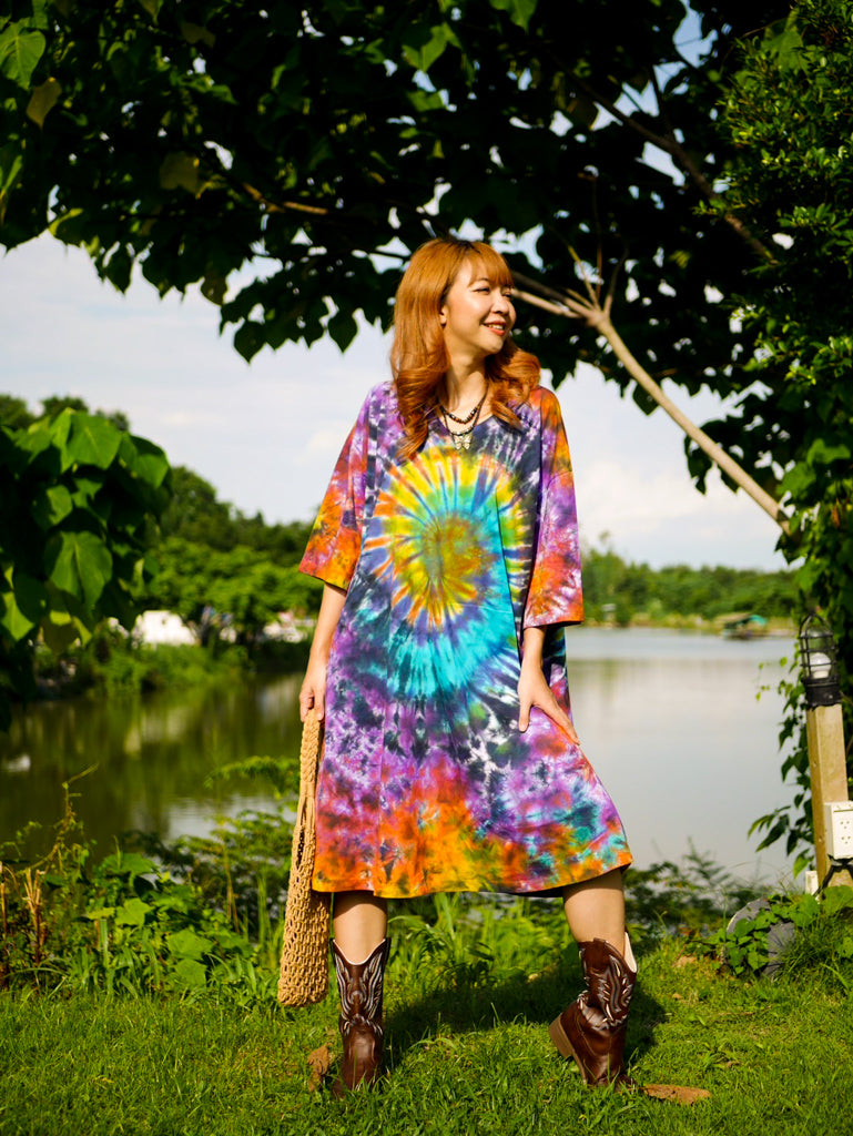 Radiant Sunburst Boho Hippie Oversized Cotton Tunic Shirt Dress