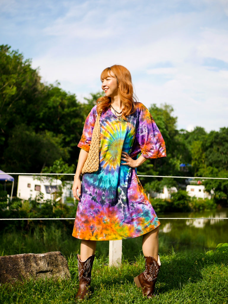 Radiant Sunburst Boho Hippie Oversized Cotton Tunic Shirt Dress