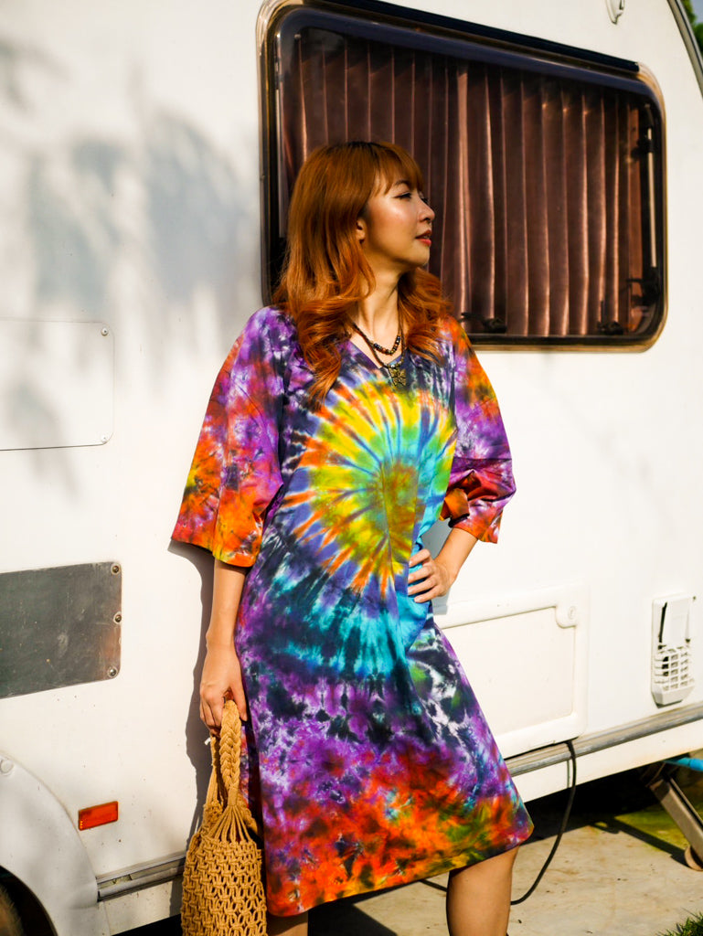 Radiant Sunburst Boho Hippie Oversized Cotton Tunic Shirt Dress