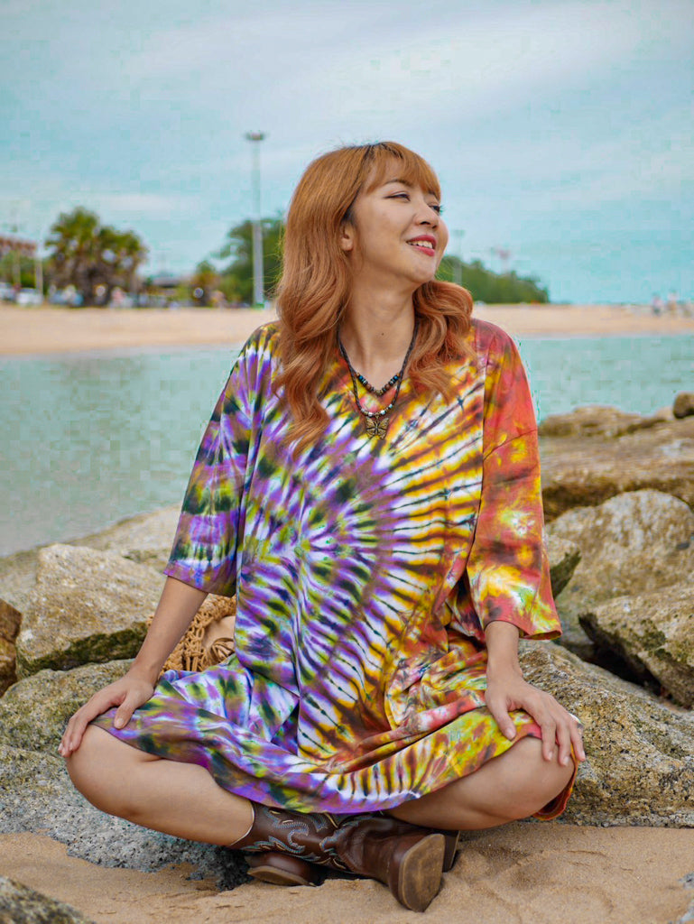 Aurora Swirl Boho Hippie Oversized Cotton Tunic Shirt Dress