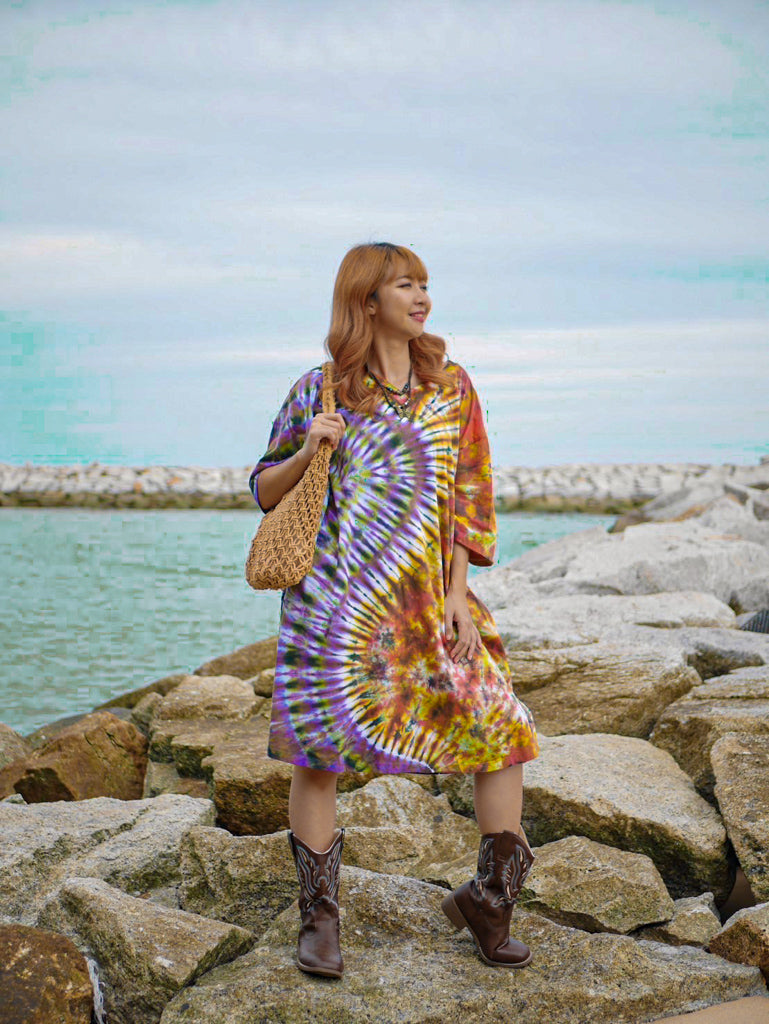Aurora Swirl Boho Hippie Oversized Cotton Tunic Shirt Dress