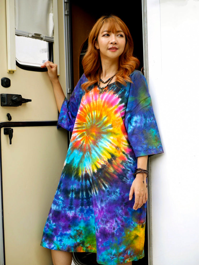 Rainbow Radiance Boho Hippie Oversized Cotton Tunic Shirt Dress