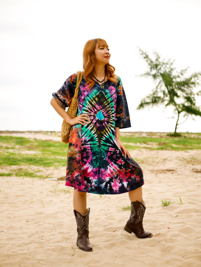 Diamond Radiance Boho Hippie Oversized Cotton Tunic Shirt Dress