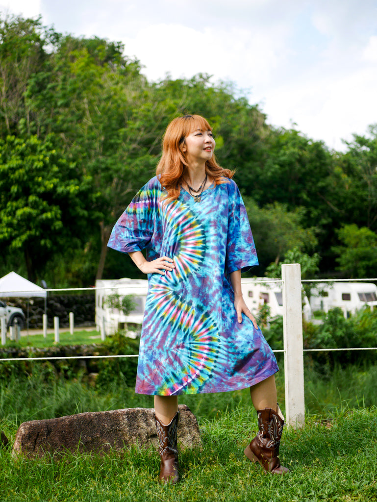 Ocean Waves Boho Hippie Oversized Cotton Tunic Shirt Dress