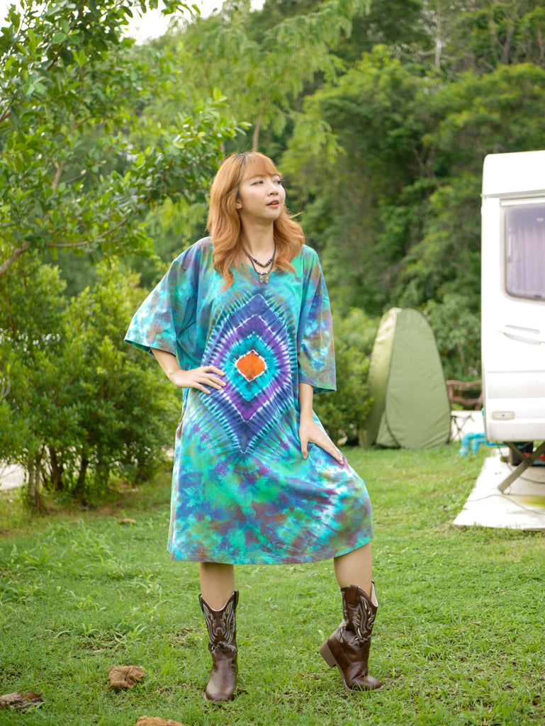 Diamond Emerald Boho Hippie Oversized Cotton Tunic Shirt Dress