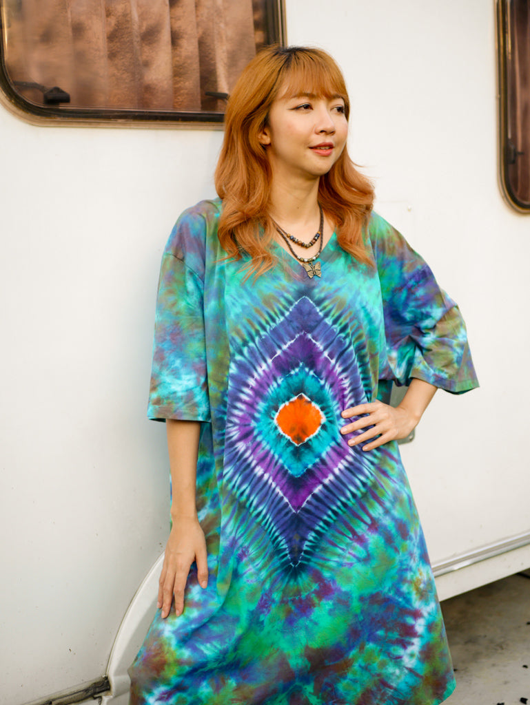 Diamond Emerald Boho Hippie Oversized Cotton Tunic Shirt Dress