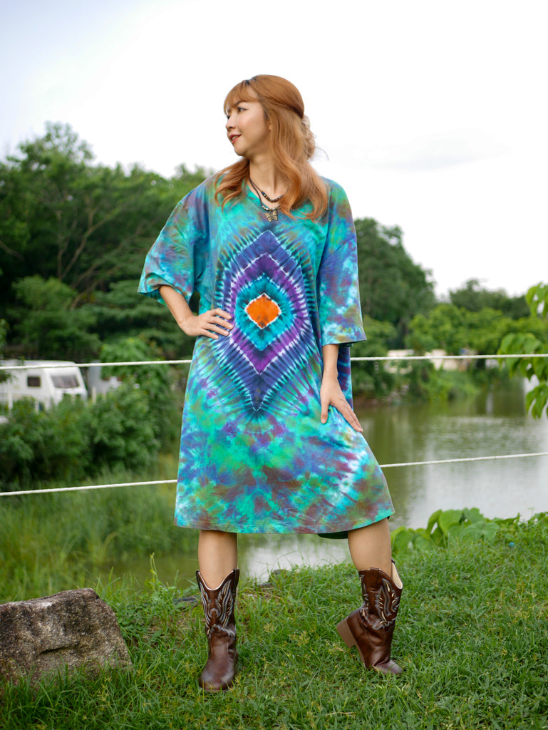 Diamond Emerald Boho Hippie Oversized Cotton Tunic Shirt Dress
