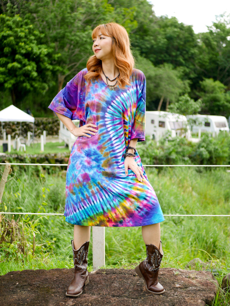 Vibrant Burst Boho Hippie Oversized Cotton Tunic Shirt Dress