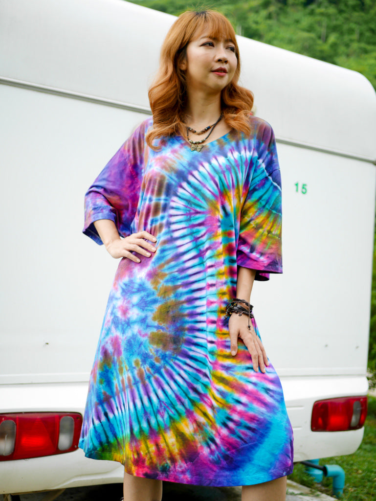 Vibrant Burst Boho Hippie Oversized Cotton Tunic Shirt Dress