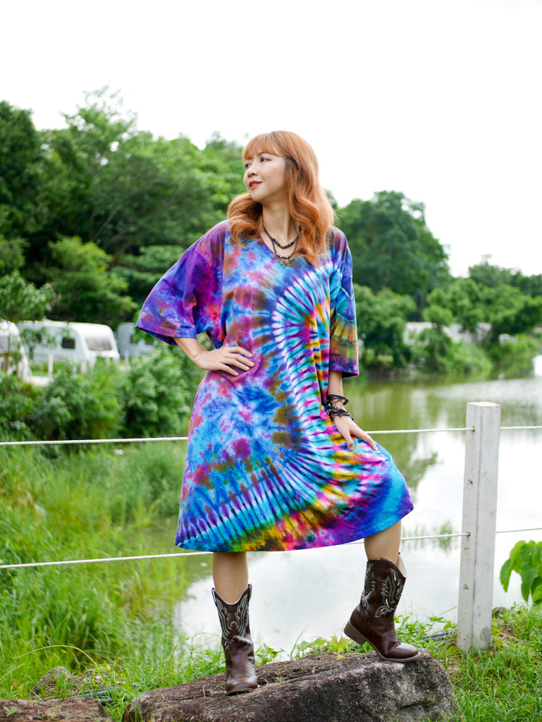 Vibrant Burst Boho Hippie Oversized Cotton Tunic Shirt Dress
