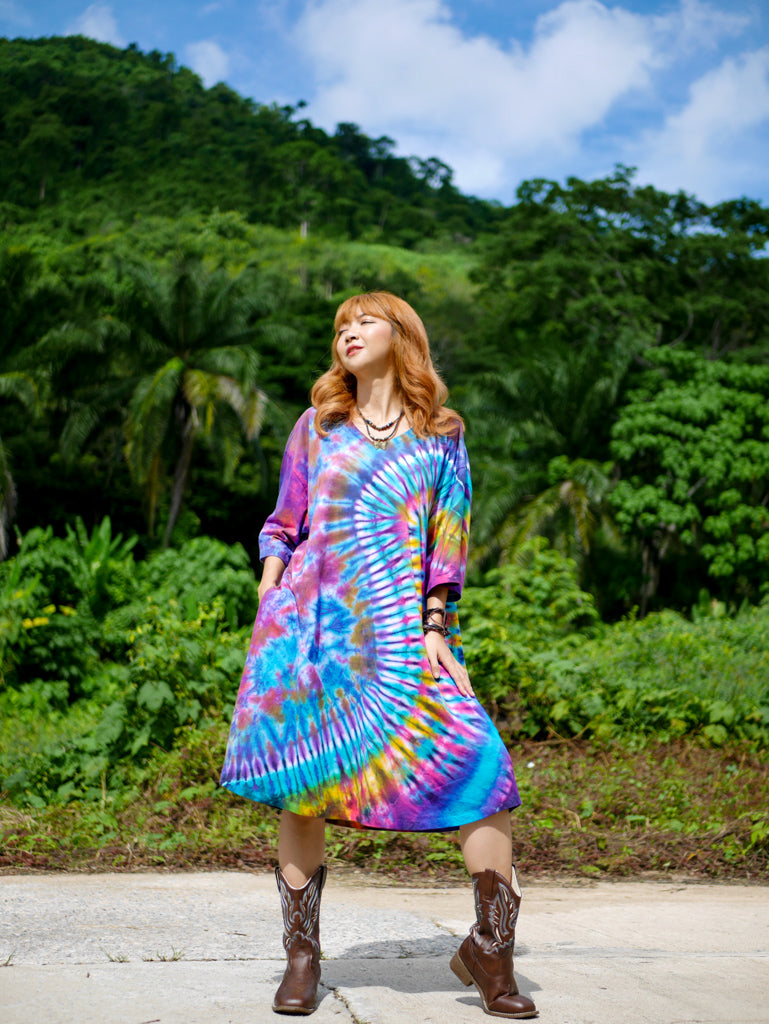 Vibrant Burst Boho Hippie Oversized Cotton Tunic Shirt Dress