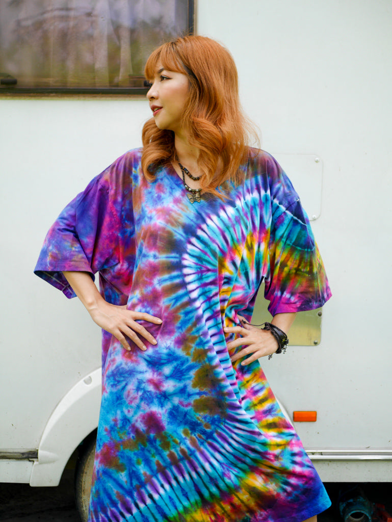 Vibrant Burst Boho Hippie Oversized Cotton Tunic Shirt Dress