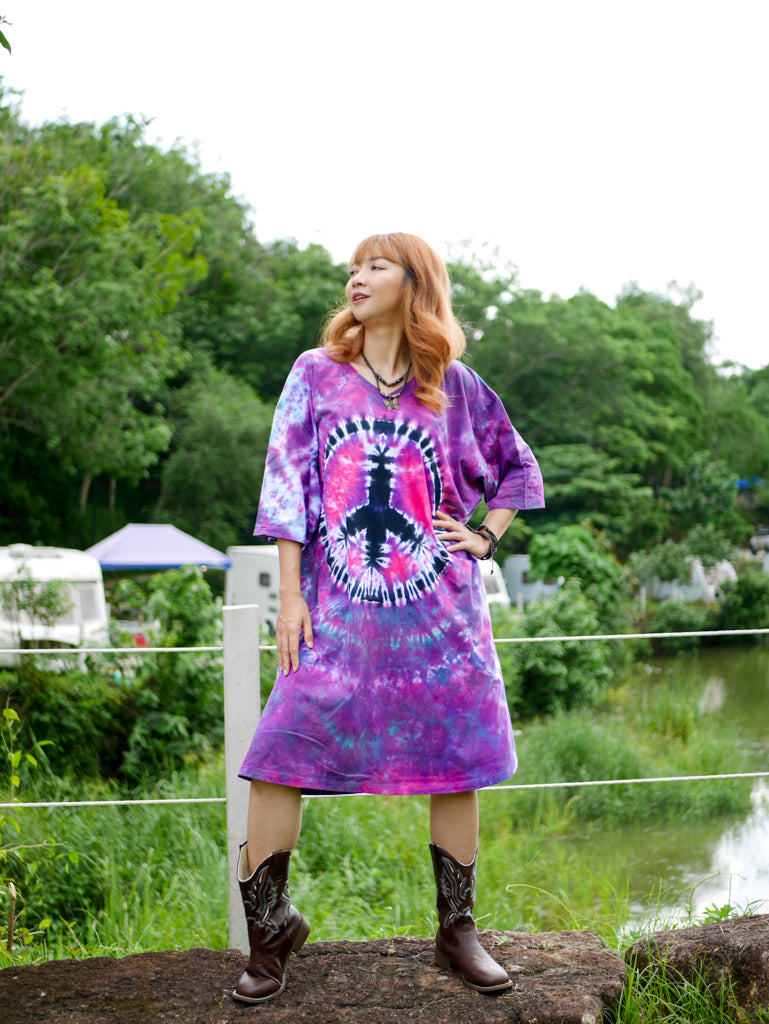 Peace Vibes Boho Hippie Oversized Cotton Tunic Shirt Dress