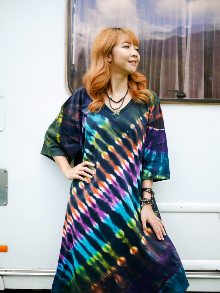 Nebula Burst Boho Hippie Oversized Cotton Tunic Shirt Dress