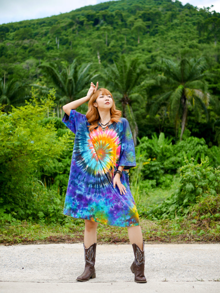Rainbow Radiance Boho Hippie Oversized Cotton Tunic Shirt Dress