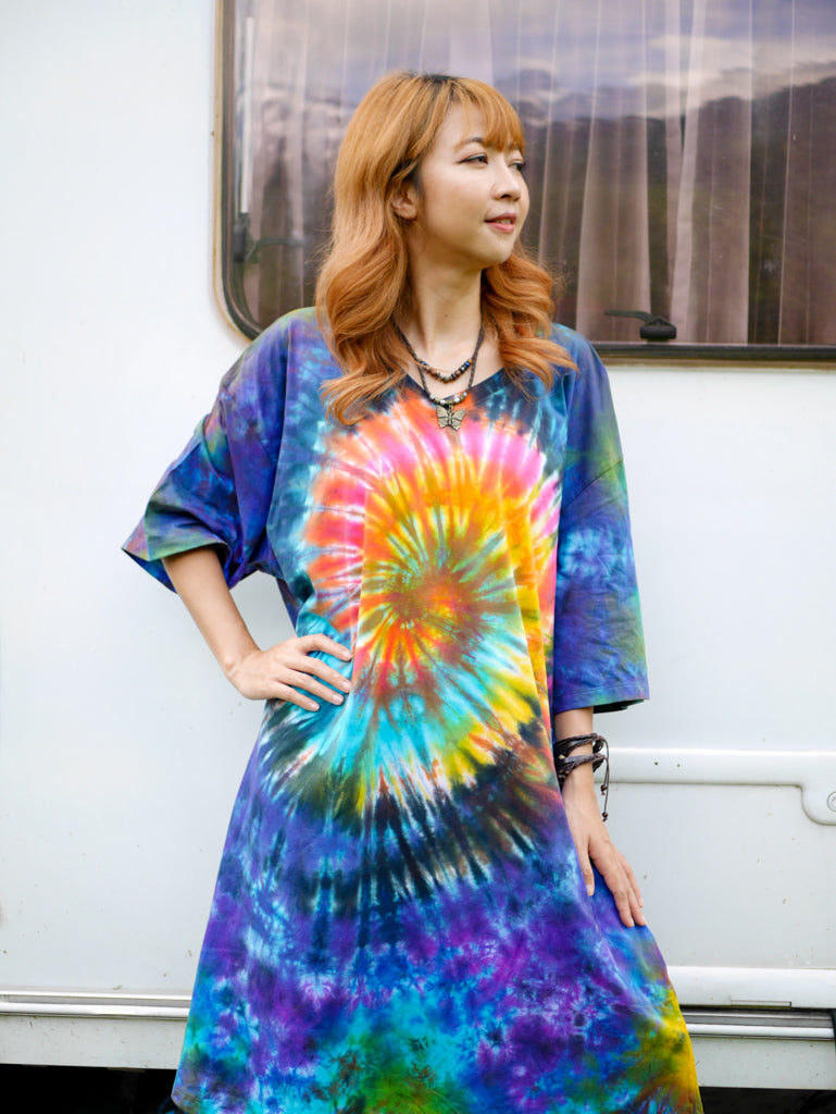 Rainbow Radiance Boho Hippie Oversized Cotton Tunic Shirt Dress