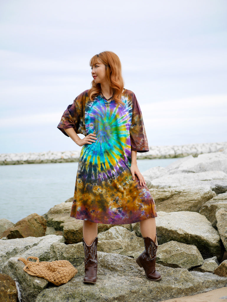 Earthy Swirl Boho Hippie Oversized Cotton Tunic Shirt Dress