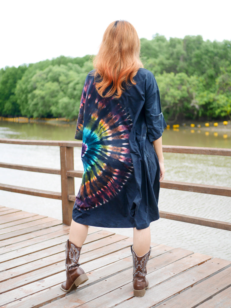Midnight Aurora Boho Hippie Oversized Cotton Tunic Shirt Dress