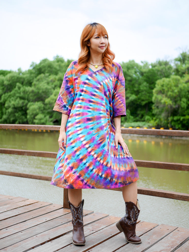 Aurora Whirl Boho Hippie Oversized Cotton Tunic Shirt Dress