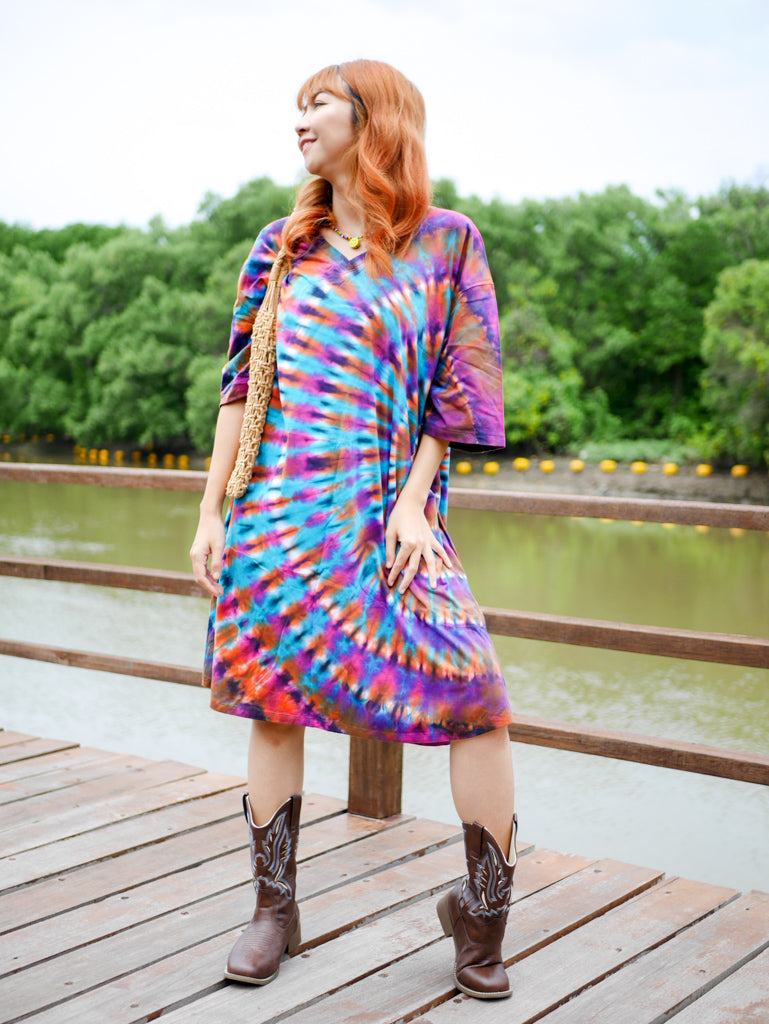 Aurora Whirl Boho Hippie Oversized Cotton Tunic Shirt Dress
