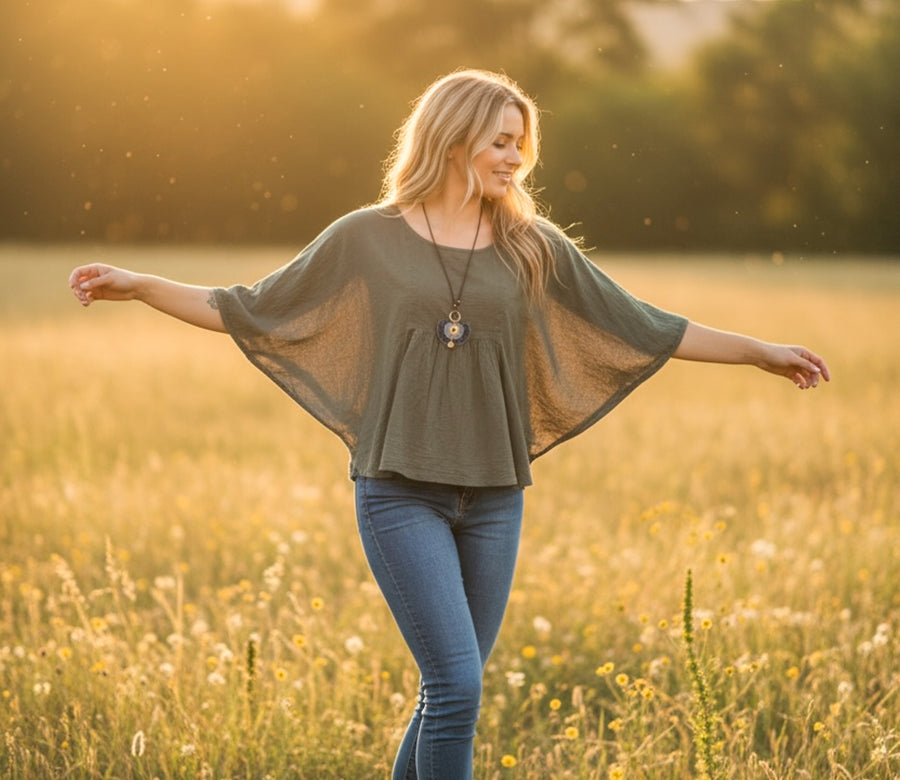 Gray Raw Natural Cotton Gauze Boho Minimalist Blouse