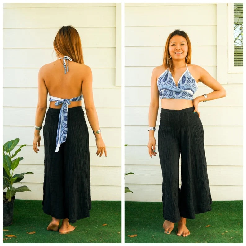 Blue Paisley Halter Wrap Crop Top – Boho Festival Style Top