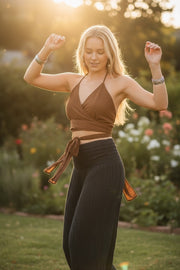 Brown Halter Wrap Crop Top – Boho Tie-Back Summer Top