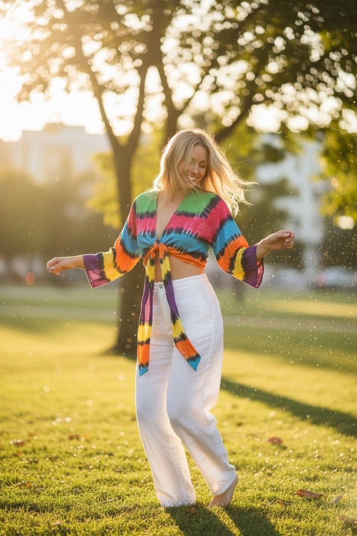 Rainbow Tie-Dye Wrap Crop Top – Boho Festival Statement Top