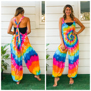 Sunburst Spiral Tie-Dye Dungarees Romper | Boho Festival Jumpsuit | Adjustable Strap Harem Pants