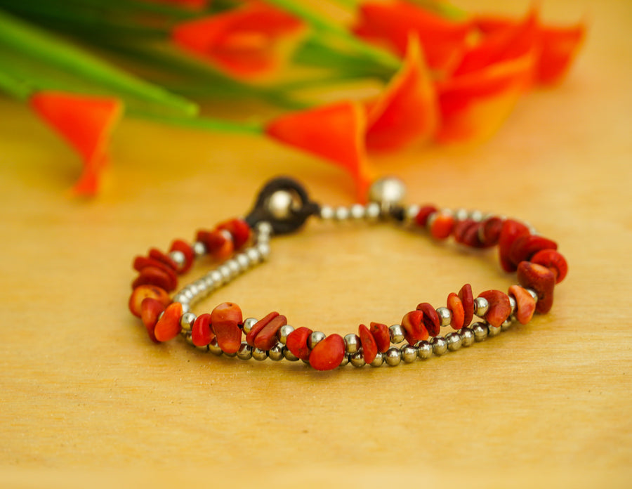 Coral Stone Bracelet – Silver Beads | Earthy Boho