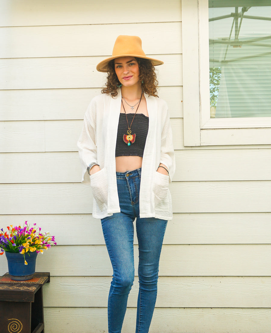 Organic Crinkled Double Gauze Cotton Kimono Blouse Cardigan with Pockets