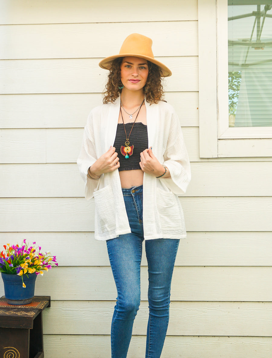 Organic Crinkled Double Gauze Cotton Kimono Blouse Cardigan with Pockets