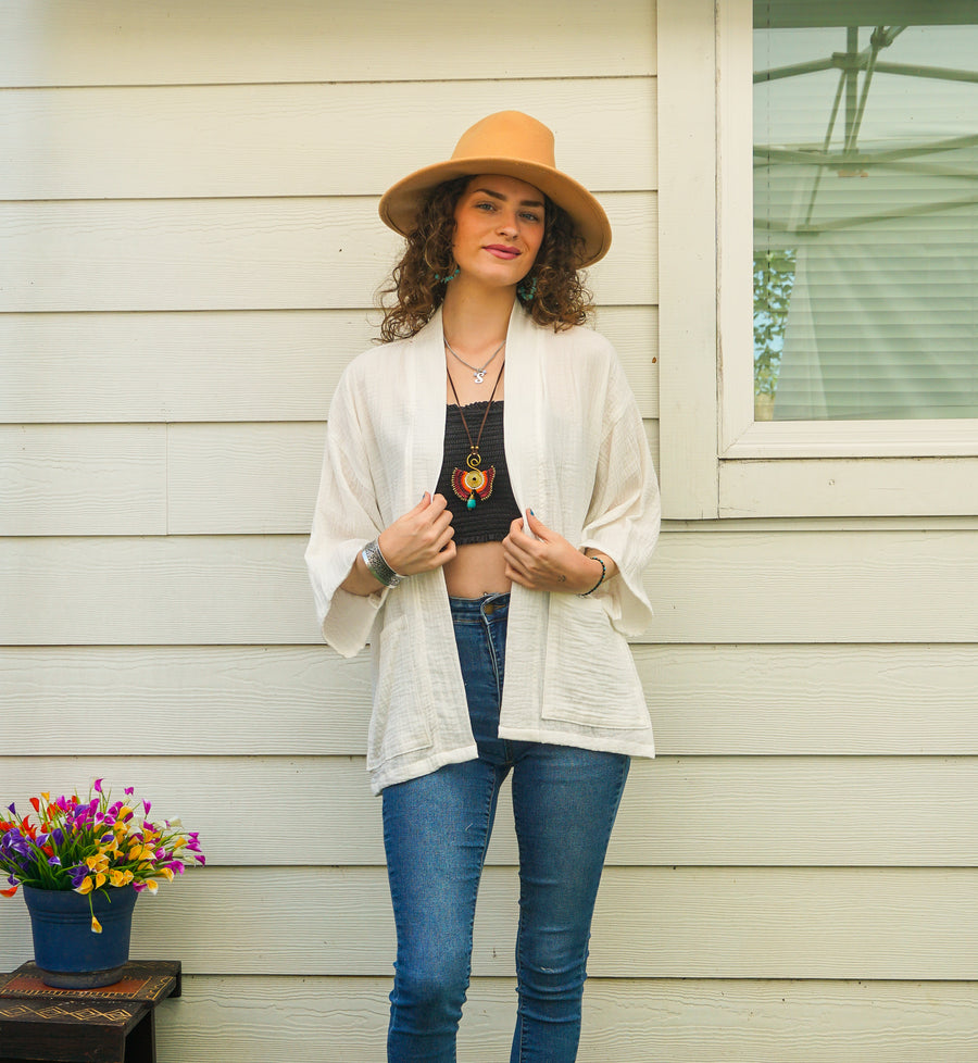 Organic Crinkled Double Gauze Cotton Kimono Blouse Cardigan with Pockets