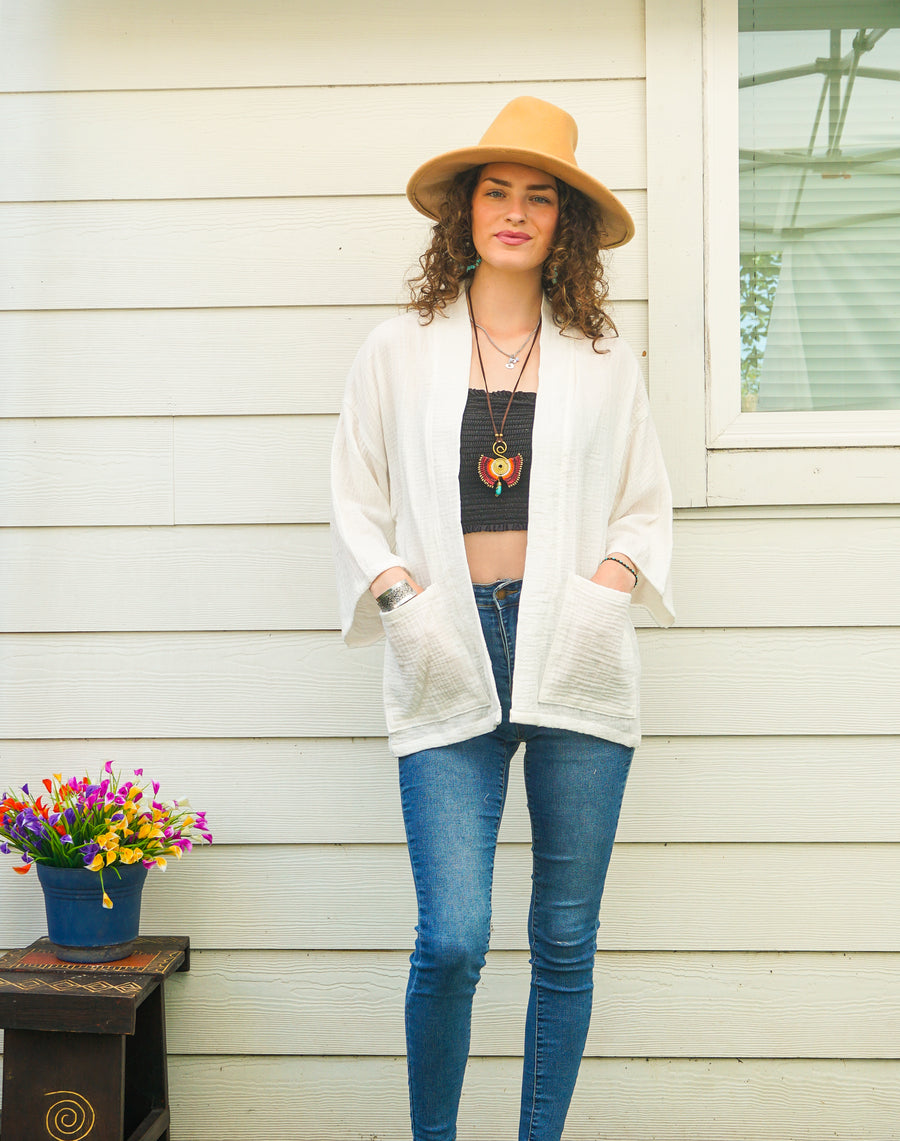 Organic Crinkled Double Gauze Cotton Kimono Blouse Cardigan with Pockets