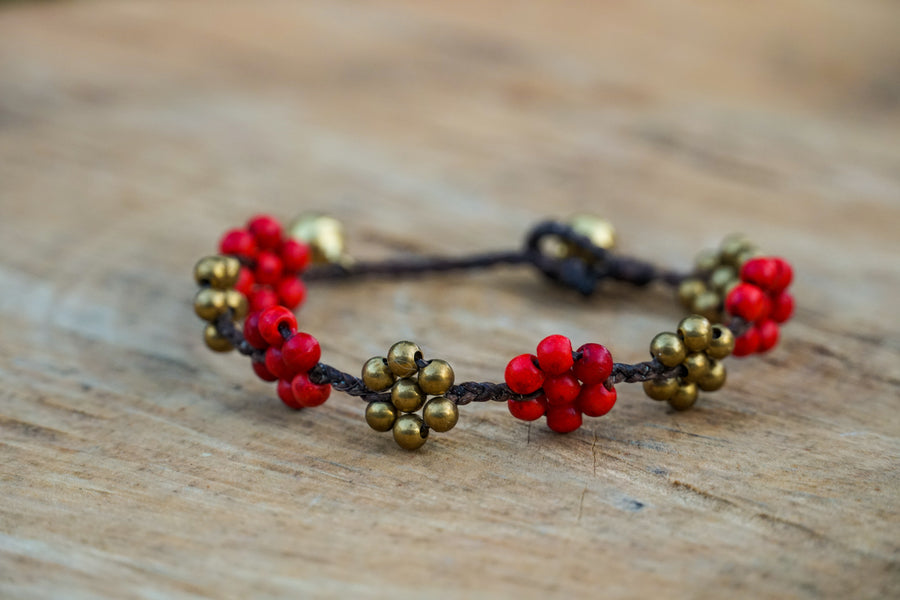 Floral Bead Bracelet – Red & Gold | Handwoven Boho