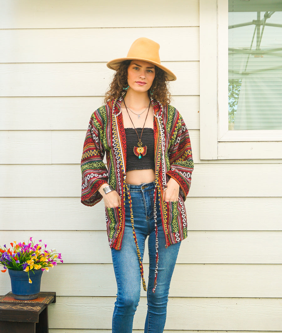 Ethnic Flair Cover Up Hooded Jacket Cardigan with Pockets