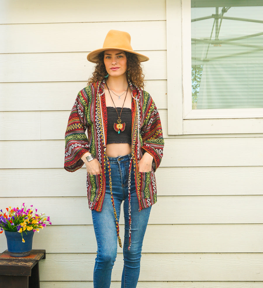 Ethnic Flair Cover Up Hooded Jacket Cardigan with Pockets