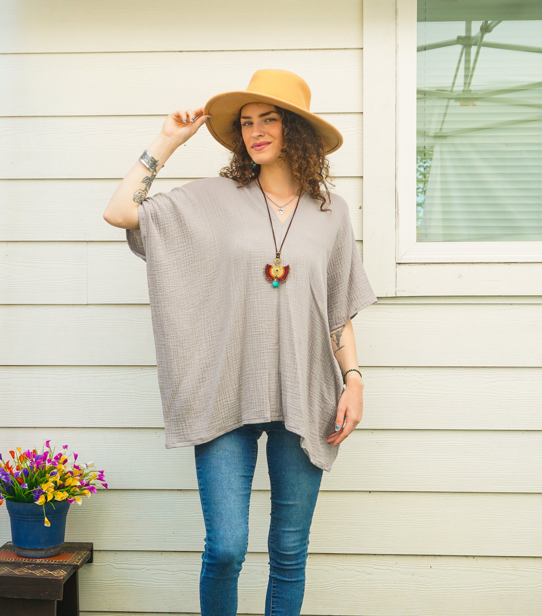 Kaftan Top – Stone Taupe | Organic Double Gauze Cotton