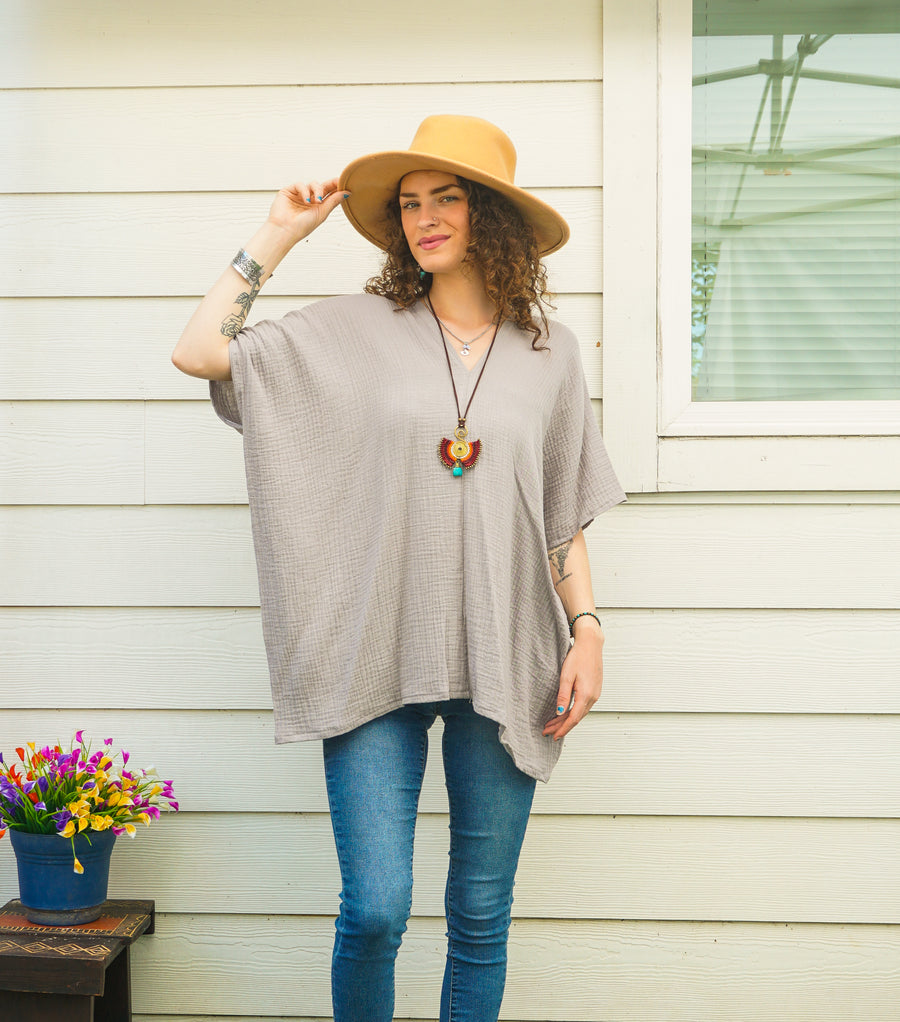 Kaftan Top – Stone Taupe | Organic Double Gauze Cotton