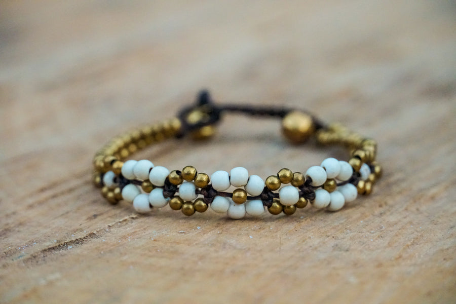 Floral Bead Bracelet – Ivory & Gold | Soft Boho Style
